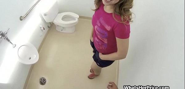  Fucking broke perky teen in a public bathroom